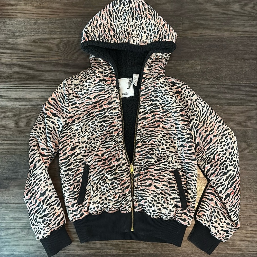 HELLZ BELLZ Leopard coat - size small, black, cream, pink.